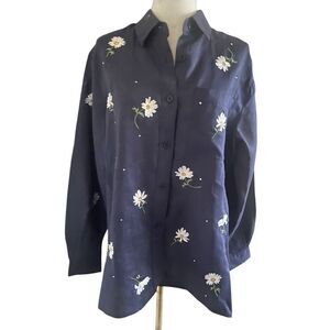 Quacker Factory Blue Floral Button Down Blouse Size Small